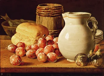 Stillleben mit Pflaumen, Feigen, Brot und Fisch